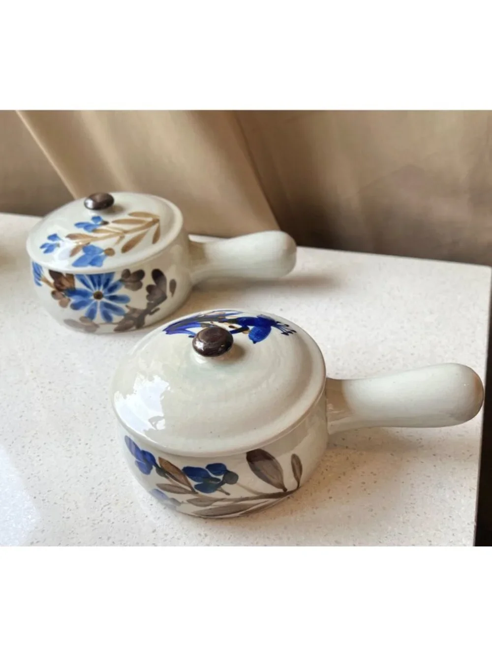 Ceramic Soup Bowls Lids & Handles Speckled Gray Blue Floral Ovenproof Set Of 2